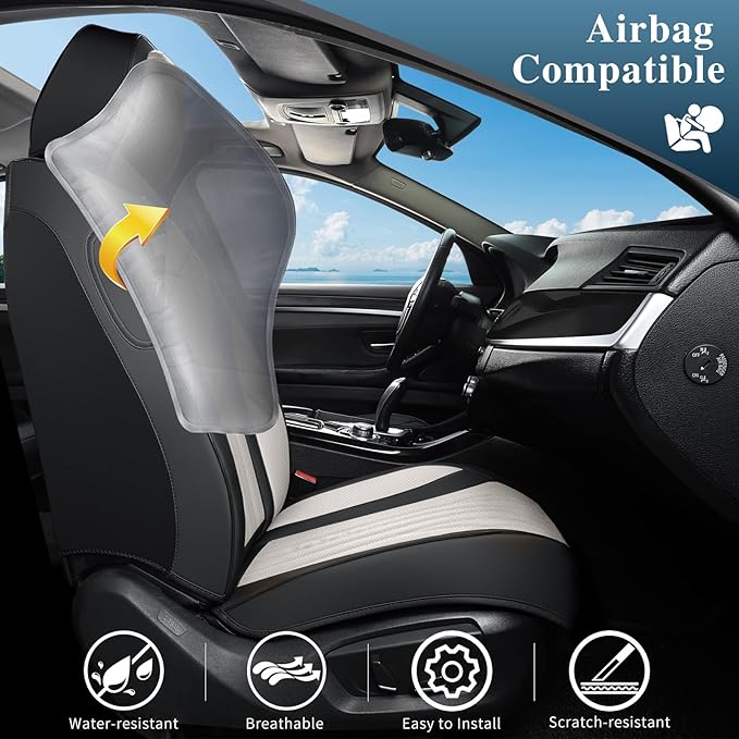 Car Seat Covers Full Set, Leather Seat Covers for Cars, Car Seat Protector Waterproof, Non-Slip Car Interior Covers Fit for Most Cars, SUV, Vans, Trucks,2Seats,Full Set,Black-White