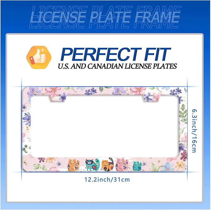 Cat and Flowers License Plate Frame Beautiful Floral Animals License Plate Stainless Steel Funny License Plate Holder for Men Women Colorful Cats Car Accessories Decoration 12.3" x 6.3"