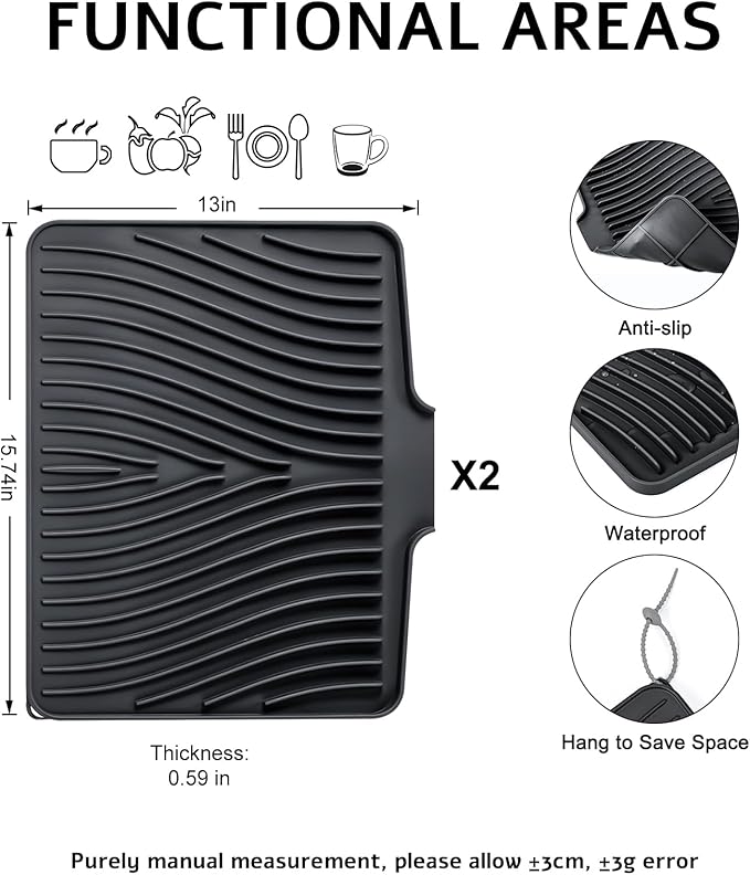 Dish Drying Mat, Stone Drying Mat for Kitchen Counter with Built-in Drain, Non-Slip Drying Matt Kitchen Counter, Heat Resistant Silicone Drying Mat, 2 Pcs(15.8"X 13", Black)