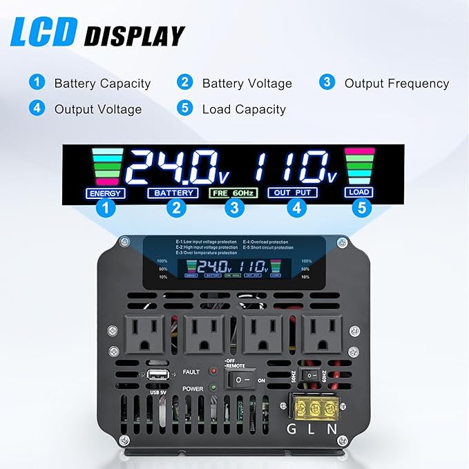 5000W Power Inverter 24V to 110V/120V DC to AC with LCD Display, Remote Controller and 4 x AC Outlets Car Adapter for Car Truck Boat RV Off Grid Solar System