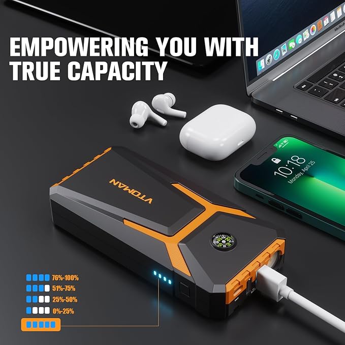 VTOMAN V6 Pro Jump Starter, 2000A Car Battery Jumper Starter Portable for 7L Gas/5L Diesel Engines, Jump Box,12V Auto Jump Start Battery Pack, Lithium Booster Pack, Portable Charger and Jumper Cables