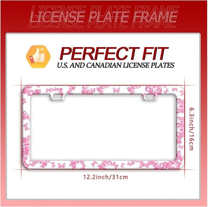 Pink Butterfly License Plate Frame Funny Animal License Plate Frames Stainless Steel Accessories Cars Decor with 2 Holes and Screws Fits Standard Us Ca Vehicles License Plate Holder 12.2 X 6 Inch