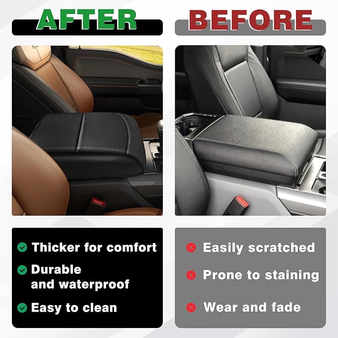 Muslogy Center Console Armrest Cover Compatible with Ford F150 2021-2024 2025 Comfort Armrest Pad Arm Rest Cushion Vegan Leather Protector 1-Inch Extra Thick(Bucket Seat ONLY)