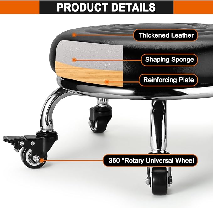 Low Rolling Stool, Low Stool with Wheels, PU Leather Low Roller Seat Stool Chair, Rolling Seat Stool for Home Office Garage Shop (Style 2)