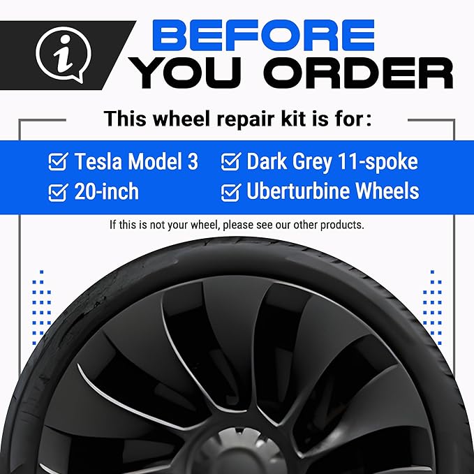 Premium Tesla Wheel Curb Rash Repair Kit for Model 3 20-inch Charcoal Grey Uberturbine Performance Rims - DIY Kit with Color-matched Touch Up Paint - Made in USA
