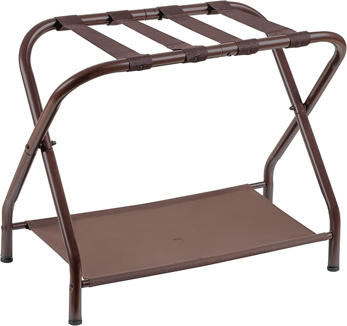 Heybly Luggage Rack, Steel Folding Suitcase Stand with Storage Shelf for Bedroom, Hotel, Foldable Steel Frame, Guest Room Bedroom Hotel, 22.8" L x 11.8" W x 20.9" H, Brown HLR004Z1
