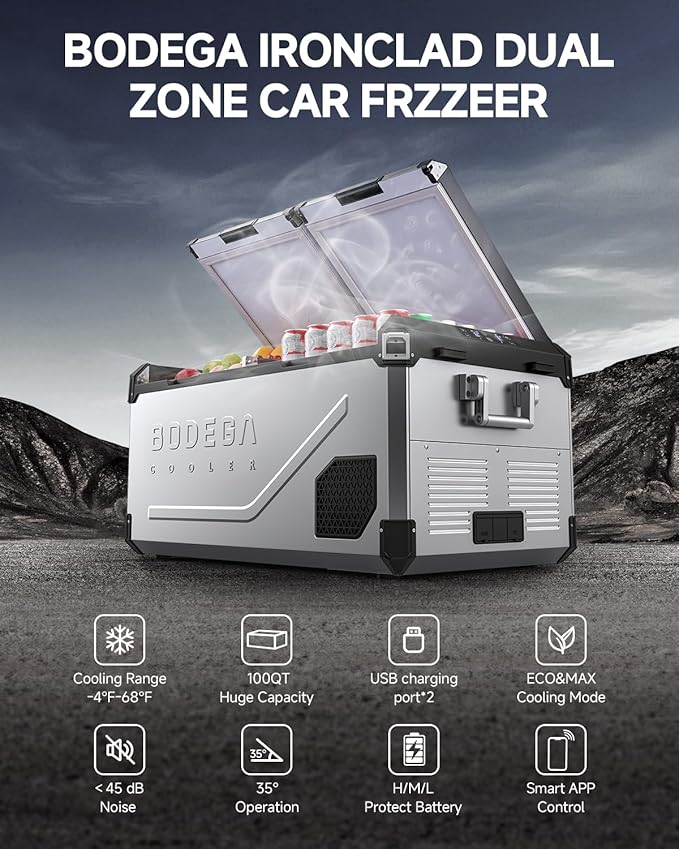 BODEGACOOLER 12 Volt Car Refrigerator, 100Quart (95L) Dual Zone Car Fridge APP Control, Portable Freezer, -4℉-68℉ RV Electric Cooler 12/24V DC &100-240V AC for Outdoor, Camping, Travel