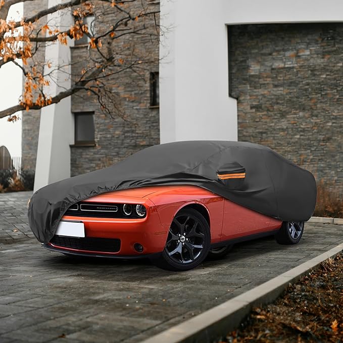 MORNYRAY Compatible with Dodge Challenger,Car Cover Outdoor Waterproof Sun Rain Snow Hail Protection with Driver Door Zipper (Black, Custom Fit Dodge Challenger)