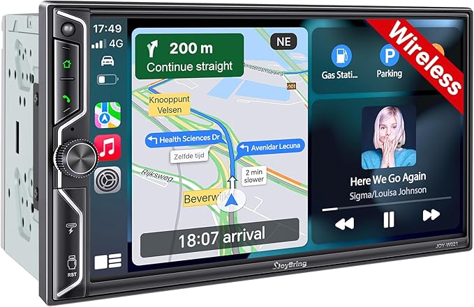 [QLED Screen Upgrade] 7" Double Din Car Stereo with Wireless Apple CarPlay and Android Auto, 240W Powerful Sound, 4.2-Channel Audio Output, Bluetooth, MirrorLink, Backup Camera, AM/FM Car Radio