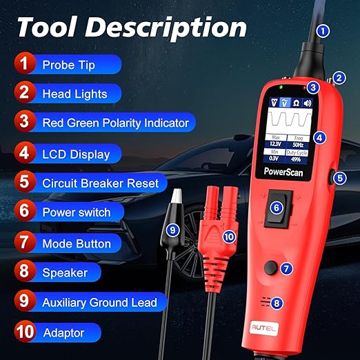Autel PowerScan PS100 Power Circuit Probe Tester, Breaker Finder, 12V 24V Automotive Electrical Diagnostic Tool with 20ft Extension Cable, AVOmeter, Test Light, Continuity Checker, for 99% Cars