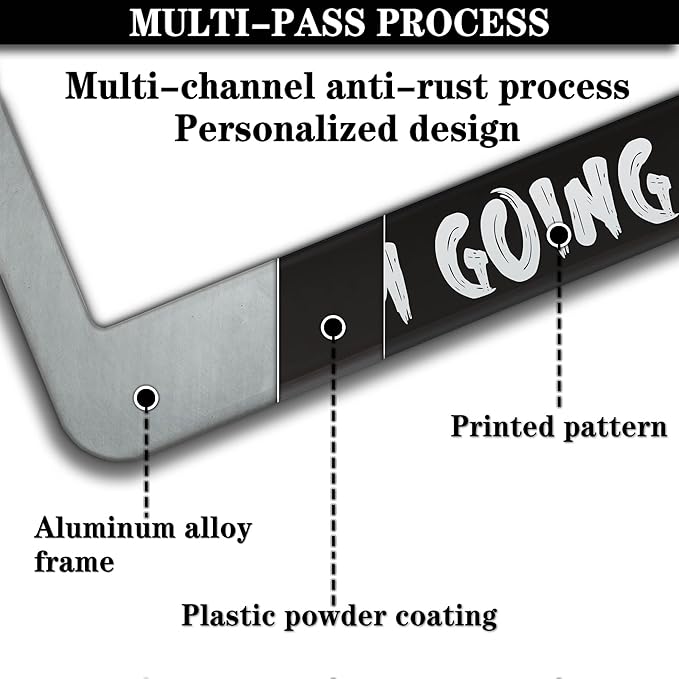 Car License Plate Frame Black and White License Plate Frames Get Out of My Way I'm Going Fish Aluminum Metal Car Accessory 2 Pack with Screw Covers Set