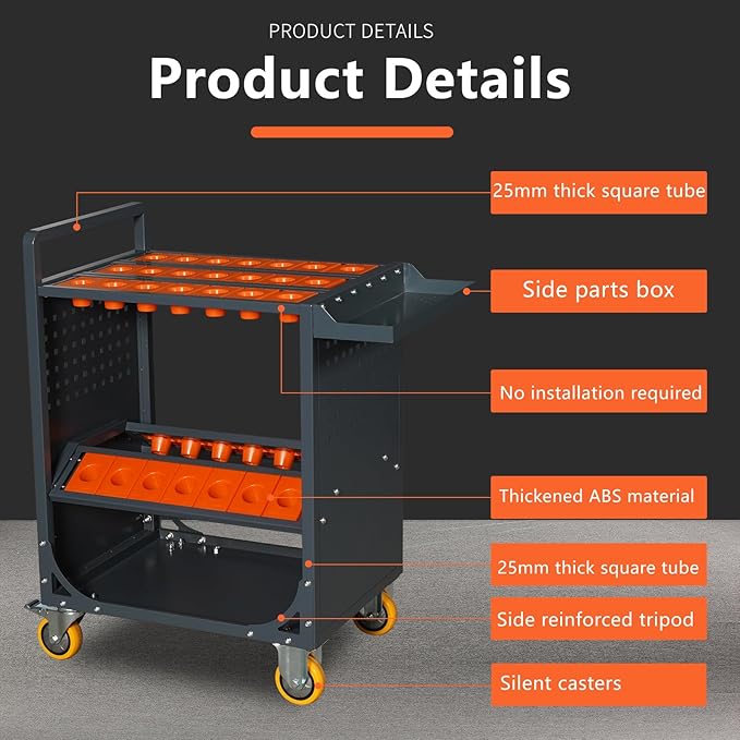 Grey Classic 40 Taper CNC Tool Holder Transfer Cart, 35 Capacity CAT/BT40 Service Carts with Wheels Heavy Duty, Multi-Function Workshop CNC Tool Trolley