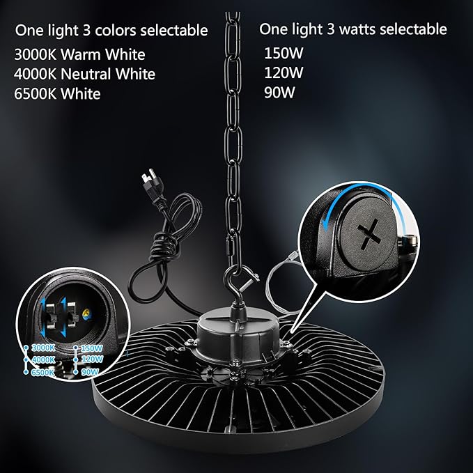 UFO High Bay Light,150W LED Shop Lights,3000K 4000K 6500K LED Garage Light with US Plug Cord, 0-10V Dimmable,Commercial Bay Lighting for Gym Factory Warehouse Barn