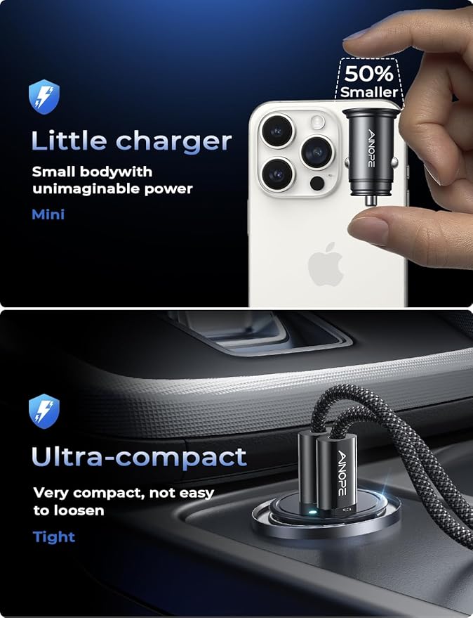 AINOPE USB C Car Charger for iPhone 15, Smallest 56W Car Charger Adapter Fast Charginig, PD 3.0 Dual USB Compatible with iPhone 15 Pro Max Plus/14/13 Pro/12 Pro/12 Mini, Galaxy, iPad Pro