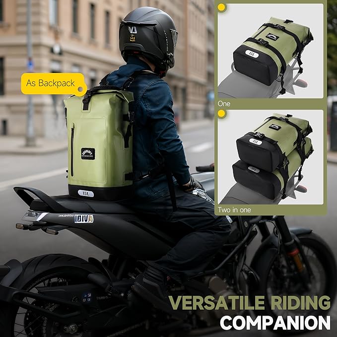 Motorcycle Saddle Bag, 15L Waterproof Motorcycle Tail Bag, 2 Size and 3 Color Options Travel Bag, PVC Bag, Rear Seat Bag, Backpack Field Green GT-15GN