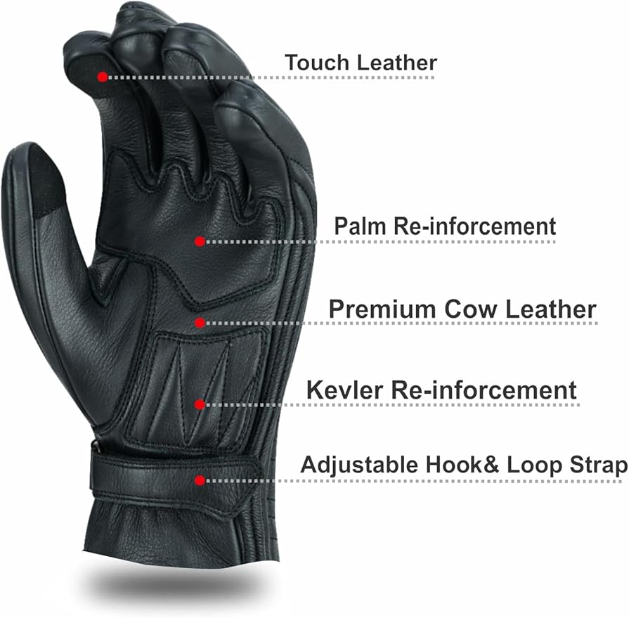 Full Finger Leather Motorcycle Gloves for Men & Women Touch Screen Gloves Premium Street Motorcycle Durable Protective Cruiser Biker Gel Leather Motorbike Gloves