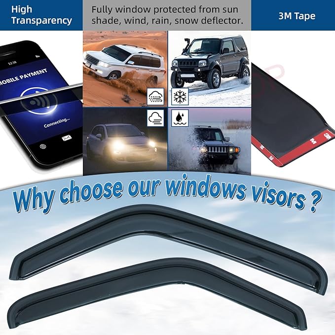 Set of 2 in Channel Front Doors Smoke Sun/Rain Guard Wind Deflector Tape-On Acrylic Window Visors Compatible with 1993-2011 Ranger 1994-2010 B2300/B2500/B3000/B4000 Regular & Extended Cab