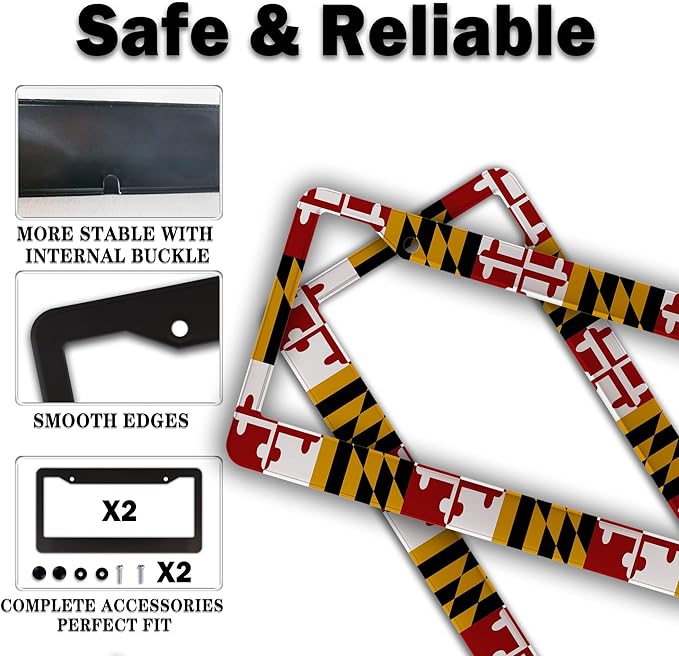 Front License Plate Bracket Multicolor License Plate Frames Flag of Maryland Universal Aluminum Car Accessory 2 Pack with Screw Covers Set