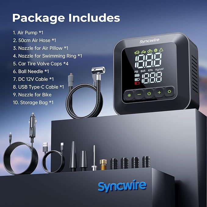 Syncwire Tire Inflator Portable Air Compressor 150PSI Air Pump for Car Tires [3X Faster] Inflation Electric Smart Tire Pump with Extra-Large LCD Dual Value Display [Free Car Tire Valve Caps], Auto-Off