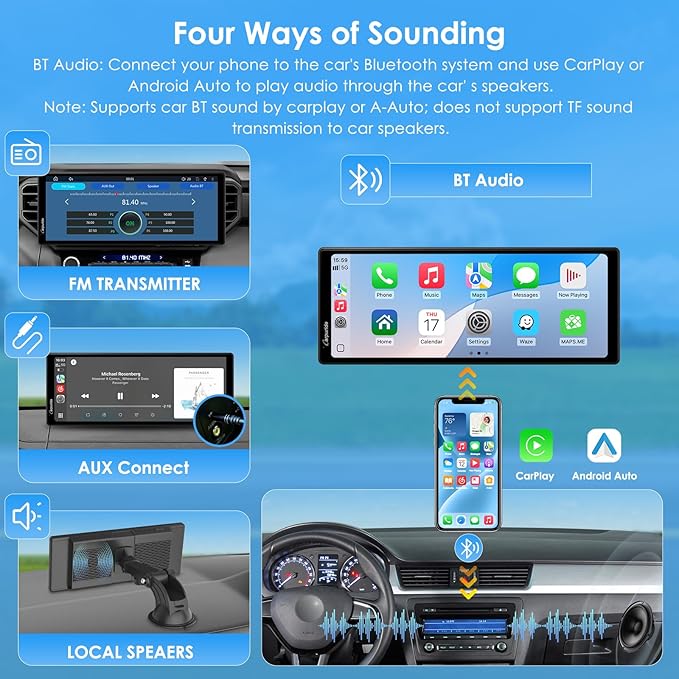 CARPURIDE 10.26 Inch Wireless/Wired Apple CarPlay, Android Auto and Mirror Link - 1600 * 600 IPS Touch Screen Portable Car Stereo, Bluetooth Audio, Siri, Navigation Car Screen for All Vehicles