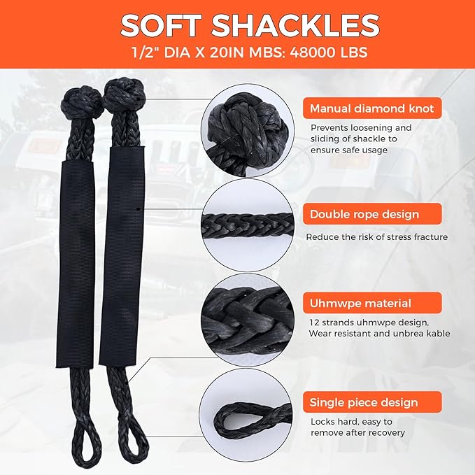 Kinetic Recovery Tow Rope, 48000LBS Snatch Strap with Soft Shackles, Extreme Duty 30% Elasticity Energy Offroad Towing Straps Kit for Car Jeep Trucks SUV UTV ATV Tractor - 1" x 20ft, Black