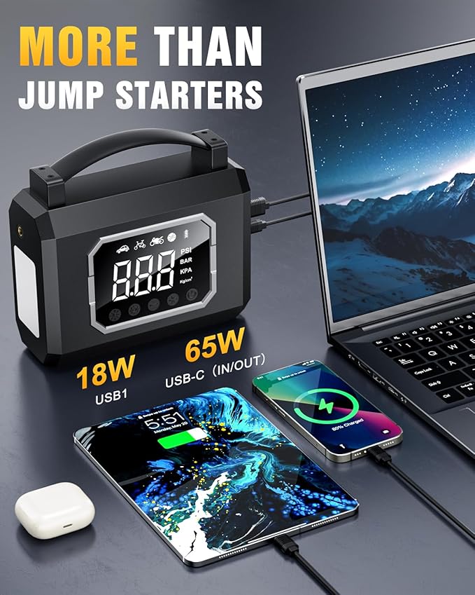 Jump Starter 3000A, Car Battery Jumper Starter Portable (All Gas 10L Diesel Engine) with 65W Quick Charger, 12V Portable Jump Box with 4 Modes Flashlight and Jumper Cable (Black)