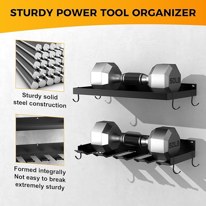 Power Tool Organizer Wall Mount with 4 Drill Holder, Formed Integrally Heavy Duty Garage Tool Organizers and Storage with Hooks for Battery, Tool Box, Screwdriver, Plier and Hammers Gifts for Men