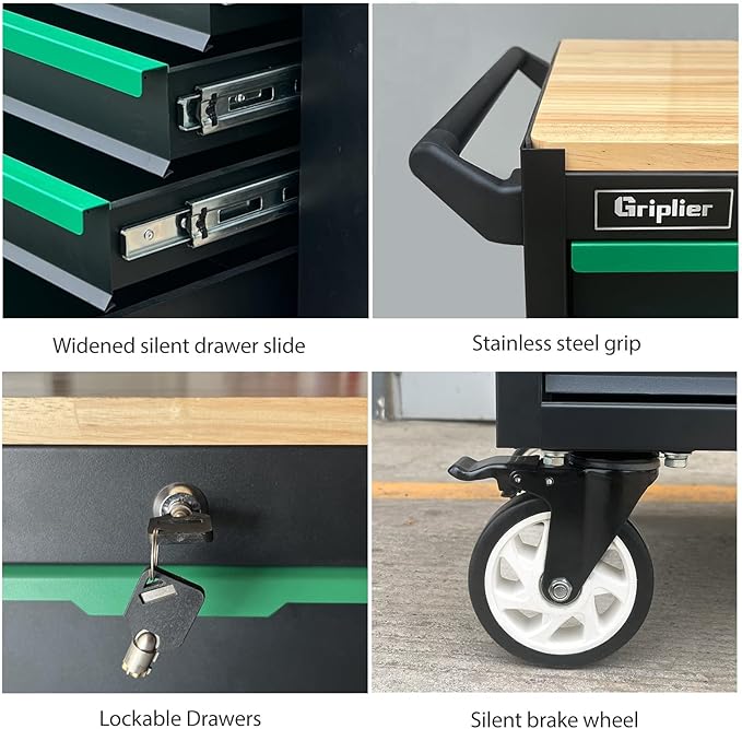 7-Drawers Professional Tool Cart Cabinet,Rolling Tool Chest with Double Shelves,Wood Workbench,Brake Wheels,51.1W x 18.9D x 32.3H inches for Garage, Workshop, or Outdoor Use(7 Drawers)