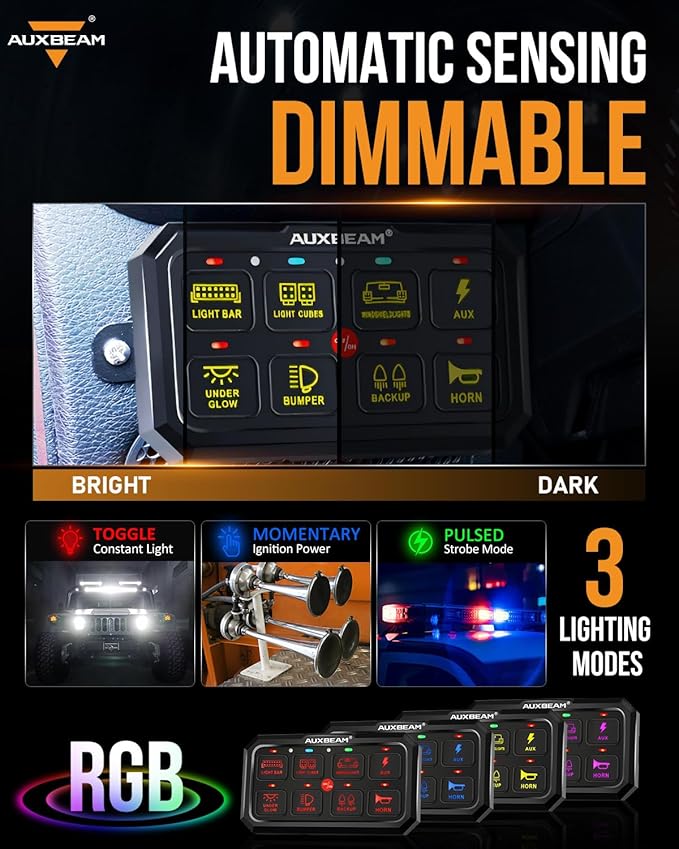 Auxbeam Switch Panel RGB 5 Inch Large 8 Gang Switch Panel RA80 XL Toggle Momentary Pulsed 12V Switch Panel for Car Truck SUV RV Camper Van Offroad Accessories 2 Years Warranty