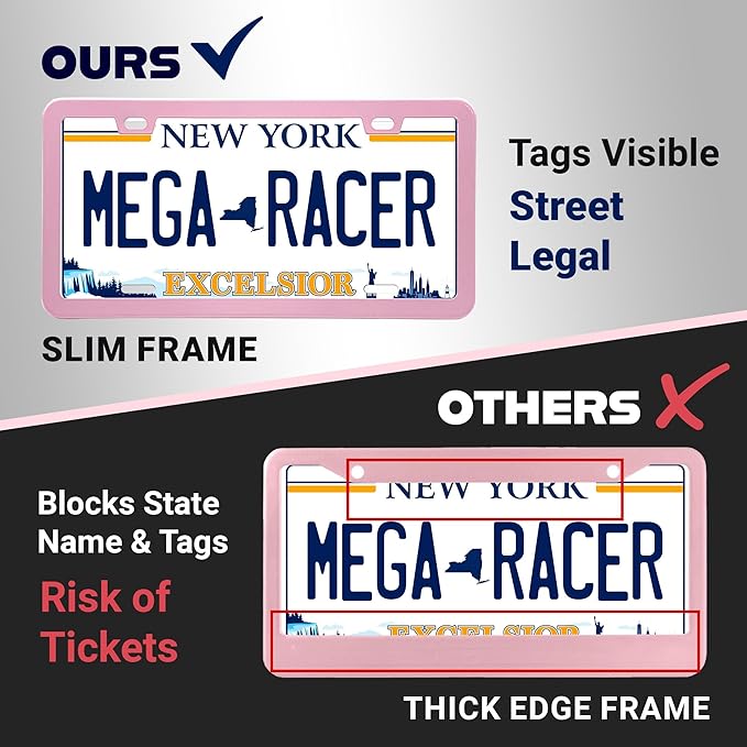 Premium Princess Pink License Plate Frames – 2 Pack, Rust-Free Stainless Steel, Street Legal, Rattle-Free, Universal Slim Design with Screw Covers, Durable Car Tag Holders for Women, Cute & Girly Gift