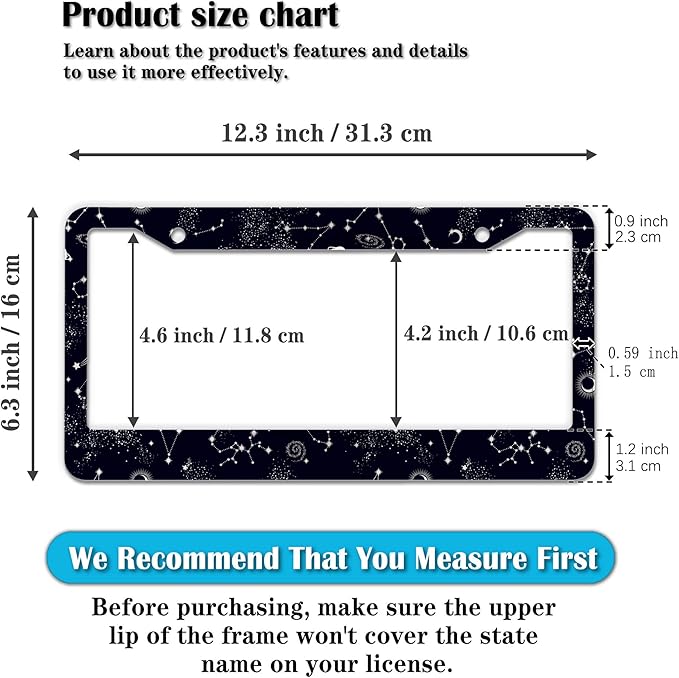 License Plate Frames Black and White License Plate Holder Galaxy Moon and Stars Starry Sky Planets Aluminum Metal Car Accessory 2 Pack with Screw Covers Set