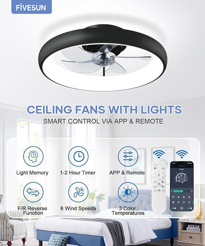 Ceiling Fans with Lights and Remote, 20" Modern Low Profile Ceiling Fan with Light, 2700K-7000K Stepless Dimming Fandelier Flush Mount Led Fan Light and 6 Wind Speeds for Bedroom(Black)