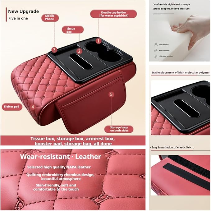Center Console Cover Organizer, 5-In-1 Arm Rest Cover for Car with Cup Holder & Storage Pocket & Tissue Holder, Armrest Cover Cushion Pad, Grid, Orange