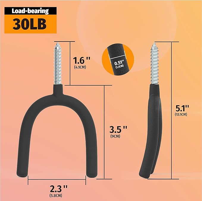 HUHOLE Screw in U Hook, Black Heavy Duty, 6PC, Shovel Holder Wall Mount, U Hooks for Hanging Garden Tools