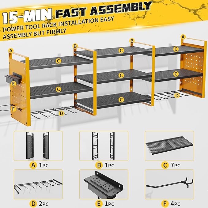 Power Tool Organizer with Charging Station Wall Mount, 3 Layer Expanded Heavy Duty Garage Organization, 48.8 Inch Length Garage Tool Storage, 4 Drill Slot, 16" Standard Hole, Yellow