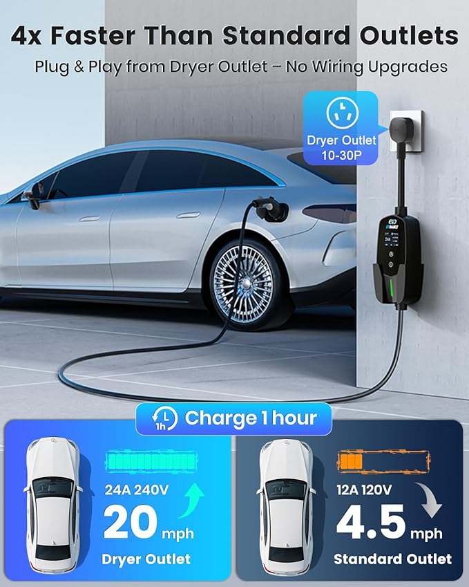 Level 2 EV Charger 24Amp 240V - NEMA 14-30P Charging Station, 25FT Cable for Home/Garage, J1772 Electric Vehicles & Adjustable Current (10-24A) (for J1772(Non-Tesla Evs), NEMA 10-30 Plug)