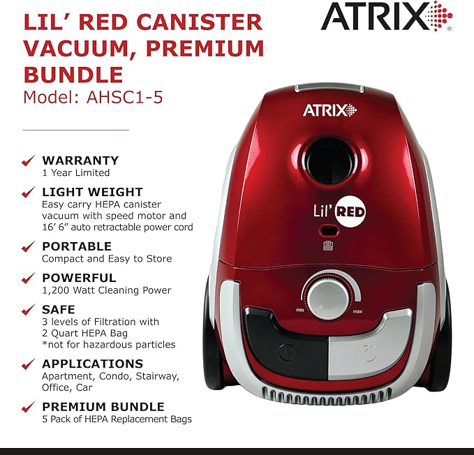 Atrix Red Lil Portable Canister Vacuum Cleaner with 2-Quart HEPA Filter & Variable Speed Motor – Premium Bundle for Home & Carpet Cleaning, Includes Accessories