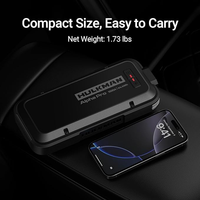 Hulkman Alpha Pro Solid Black, 1500A 44.4Wh Car Jump Starter Portable, High-Capacity Battery Booster & Jumper Cables, 3.3" Display Jump Box, PD65W in&Out, 12V Battery Pack for 7.5L Gas/4.5L Diesel