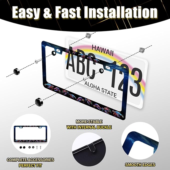 Sea Turtle License Plate Frame Blue Turtles License Plate Stainless Steel Ocean Animals Funny Accessories Cars Decor 12.2 X 6.2 Inch with 2 Holes and Screws Fits Standard Us Ca Vehicles