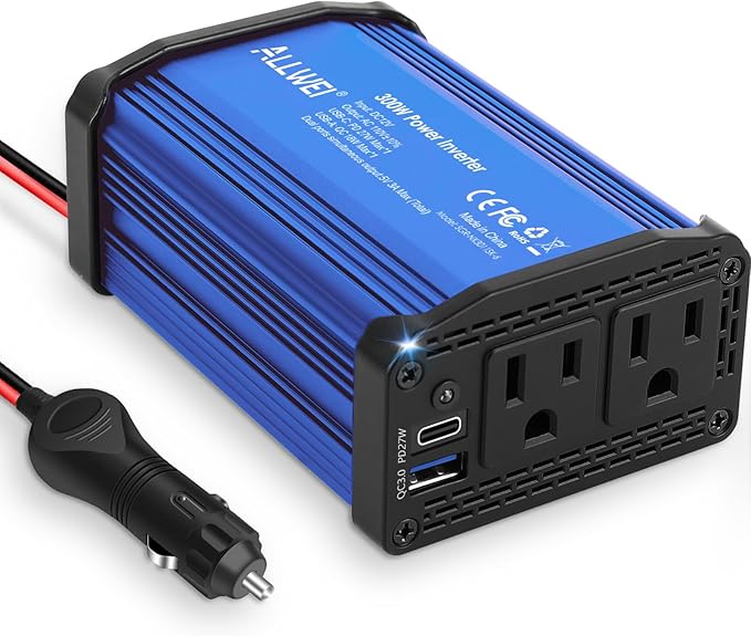 300W Car Power Inverter 12v to 110v, Car Plug in Adapter Outlet with PD 27w USB-C and Fast Charger 18w USB-A, Car Outlet Adapter, Car Converter to Outlet Plug, Power Inverters for Vehicles (Blue)