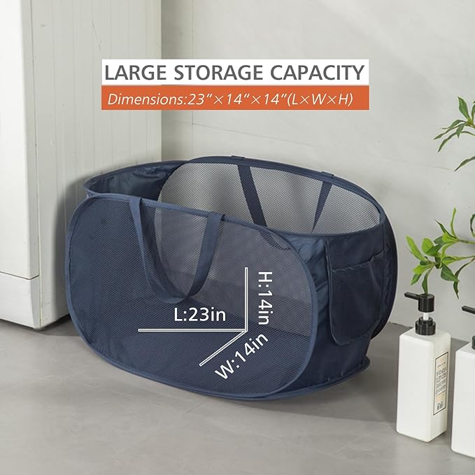 Sturdy Mesh Laundry Hamper Basket Bag,Pop up Basket with Side Pocket for Laundry Room, Bathroom, Kids Room, College Dorm or Travel (Pop Horizontal, Grey + Grey)