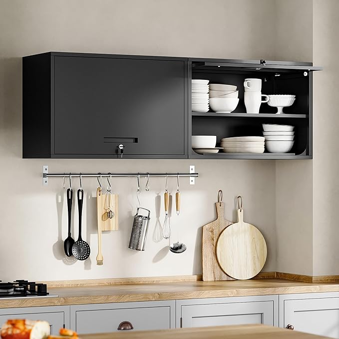 Yizosh Metal Garage Wall Cabinet with Doors and Shelves, Wall Mounted Metal Storage Cabinet, Floating Garage Tool Cabinet for Garage, Basement, Kitchen, Warehouse (Black, 21.6" H)