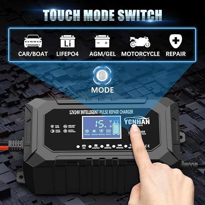 YONHAN 15-Amp Battery Charger LiFePO4 Trickle Car Battery Charger 12V 24V Fully-Automatic Smart Battery Chargers, Lead Acid Portable 9-Stage Smart Battery Maintainer with Temp Compensation(Black)