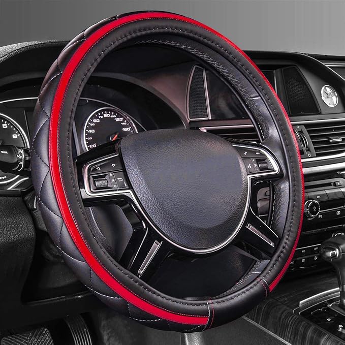 CAR PASS Sporty Quilting Leather Universal Fit Steering Wheel Cover,Fit for Suvs,Vans,Sedans,Trucks for 14.7" to 15" (Black & Red)