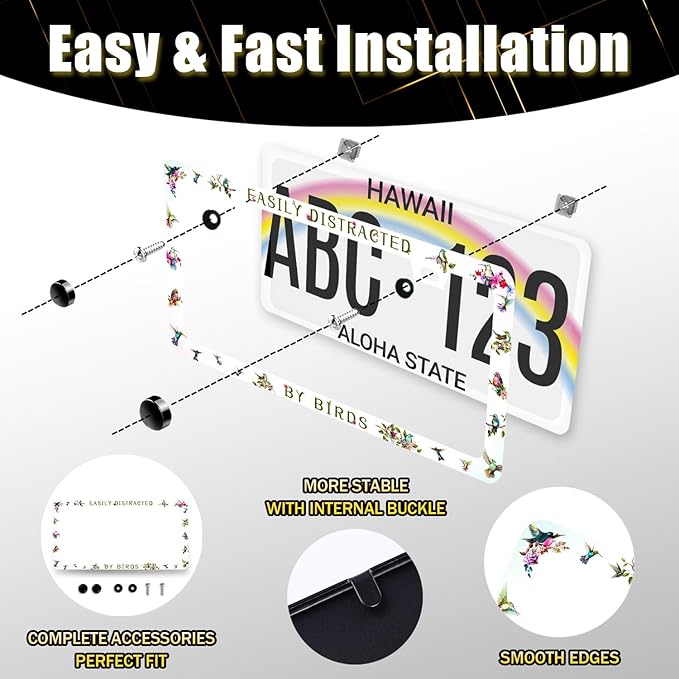 Easily Distracted by Birds License Plate Frame Funny Birds License Plate Holder Colorful License Plate for Car Decoration Stainless Steel Animal Auto Parts with Screws Men Women 12.3" x 6.3"