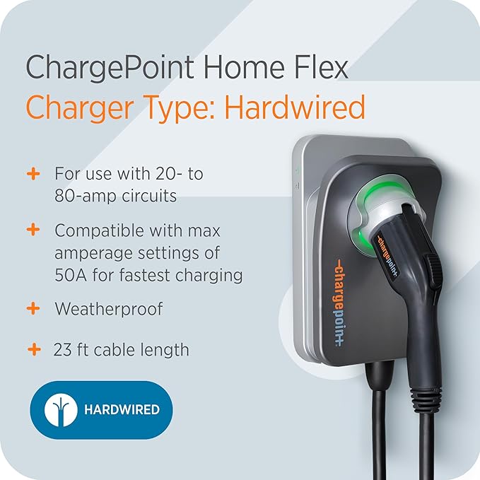 ChargePoint HomeFlex Level 2 EV Charger J1772, Hardwired for Electric Car - Fast Smart Battery Power Charging at Home for Electric Automobile Vehicles