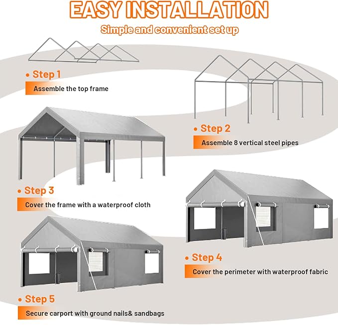 Auraway Carport 12'x20' All-Season Portable Garage Carport, Heavy-Duty Canopywith Roll-Up Vent Windows, Front and Rear Zip Doors, Sandbags, for Cars, Motorcycles and Outdoor Storage (Grey)