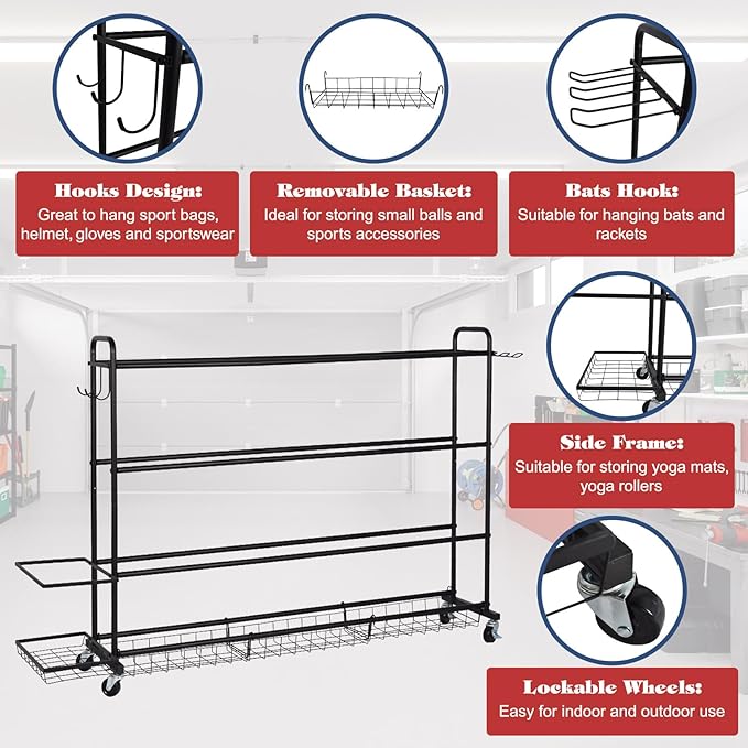 Basketball Rack, Shooting Training Rolling Ball Stand, Garage Organizer with Wheels, 4-Layer Sports Equipment Storage Holder with Baskets and Hooks for Soccer Baseball Footballs Volleyball