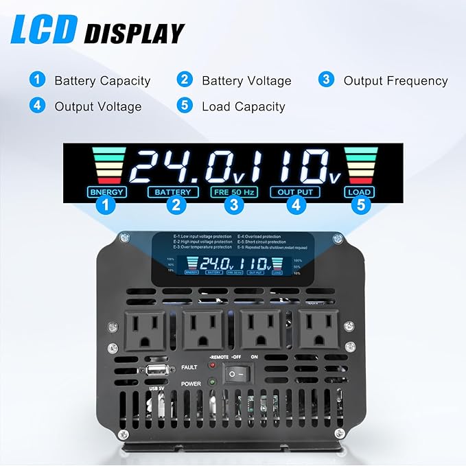 LVYUAN 4000 Watt Power Inverter 24V to 110V 120V for Vehicle, Solar Inverter System, Heavy Duty, RV, Truck, Off Grid,Camping with 4 AC Outlets, LCD Display, Wireless Remote Control, Car Power Inverter