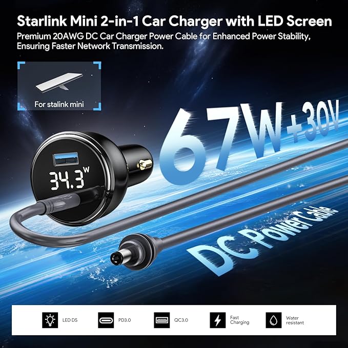 EDUP Starlink Mini Car Adapter DC Power Cable & Starlink Cigarette Lighter Adapter with Digital Display, Waterproof Car Charging Cable,USB A 35W & USB C 65W Ports for Star Link Mini (5M/ 16.4FT)